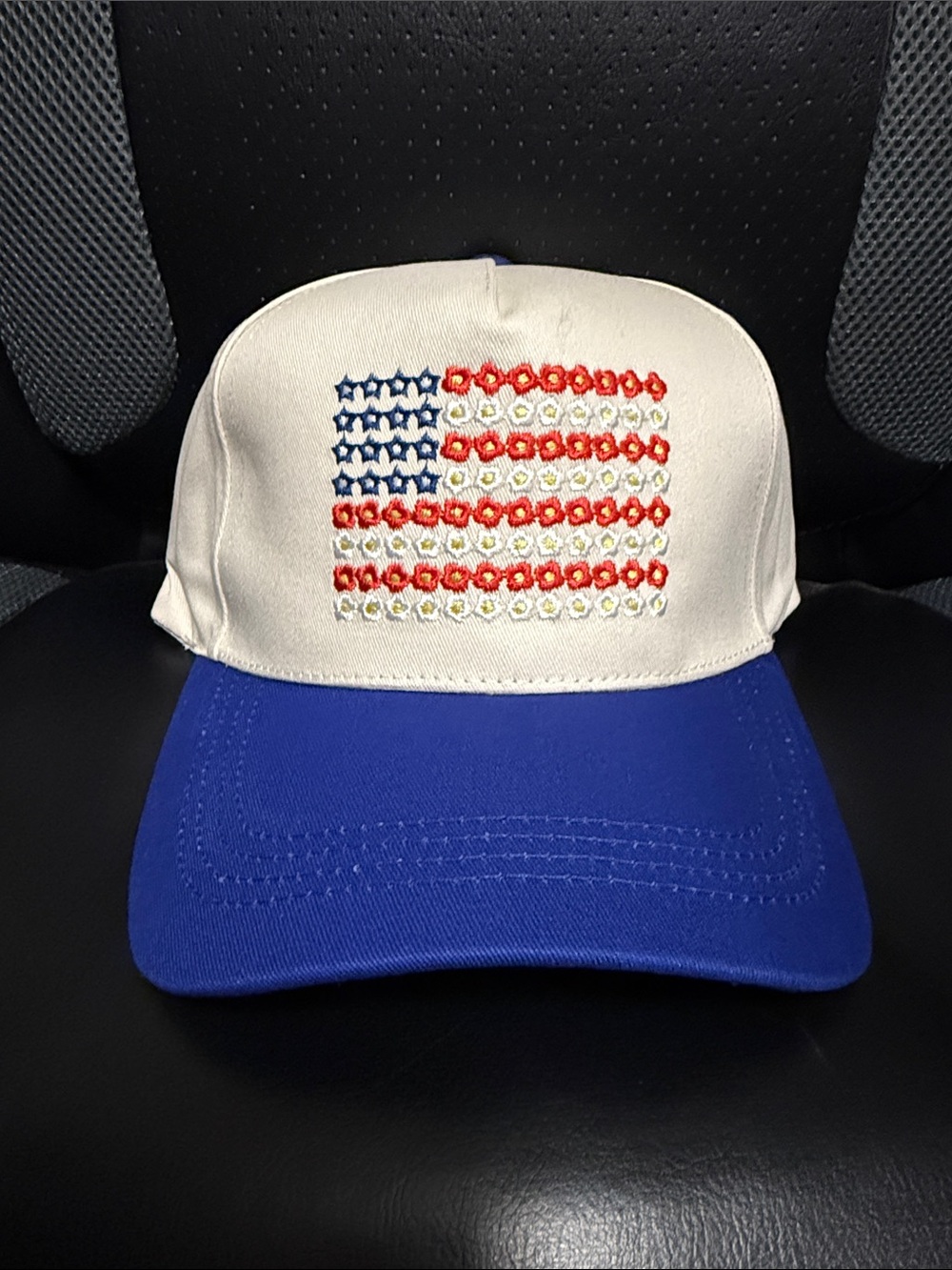 Embroidered Flag Trucker Hat in Beige and Royal Blue